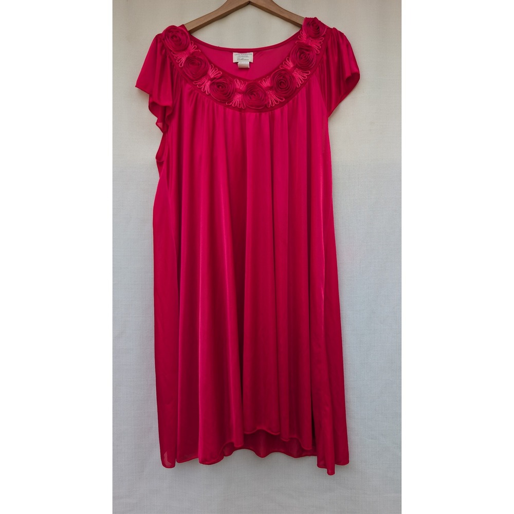 Lati Fashion 3D Rosette Babydoll Gown Womens 2X Red Fuchsia Tricot Nightie Flowy